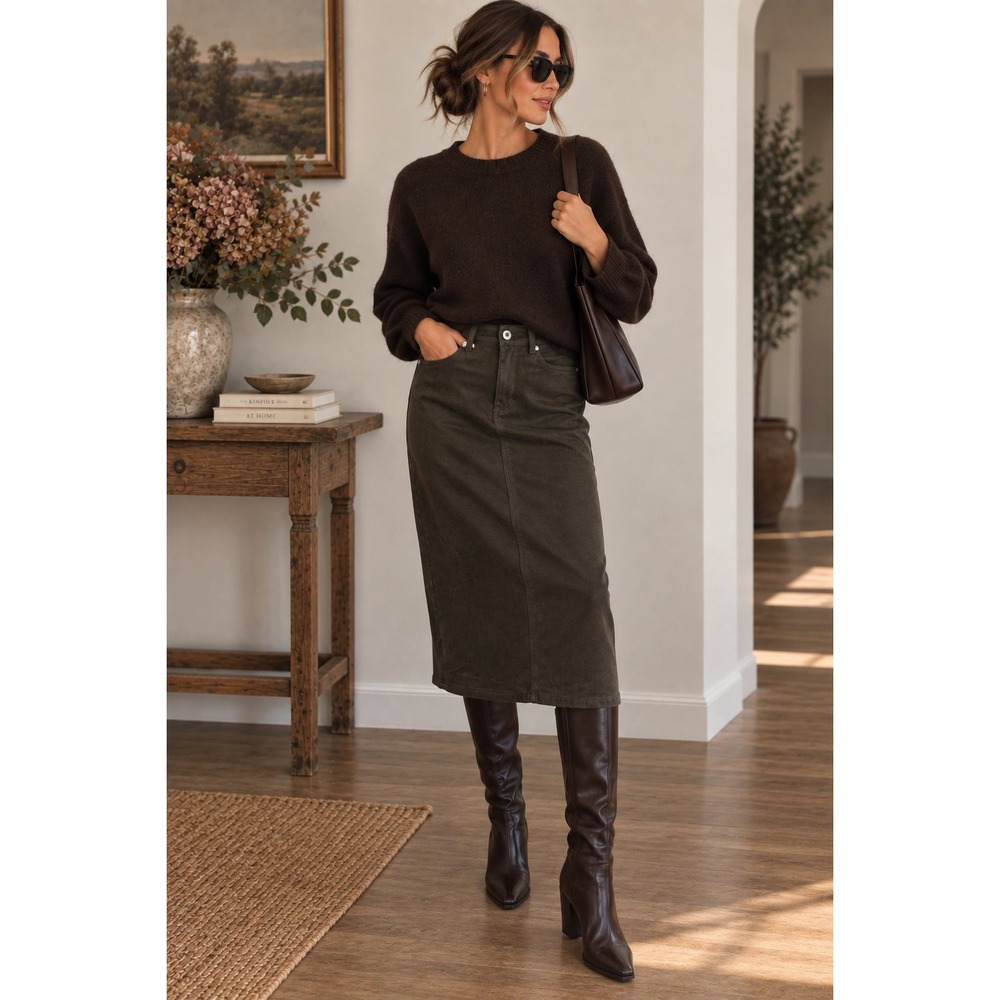 J. Jill Dark Olive Faux Suede Midi Skirt Brown Straight Slit Pockets Size 4 P